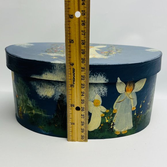 Hand Painted Angels Scene 8.5" Oval Lidded Cardboard Storage Trinket Box Vtg - Picture 9 of 11